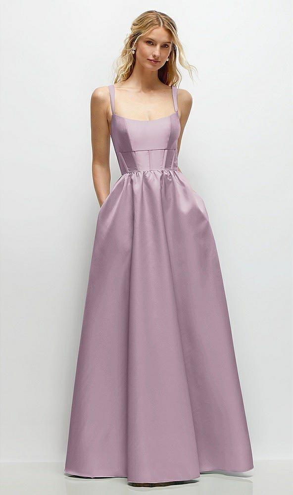 Front View - Suede Rose Scoop Neck Inset Corset Satin Maxi Dress with Pockets