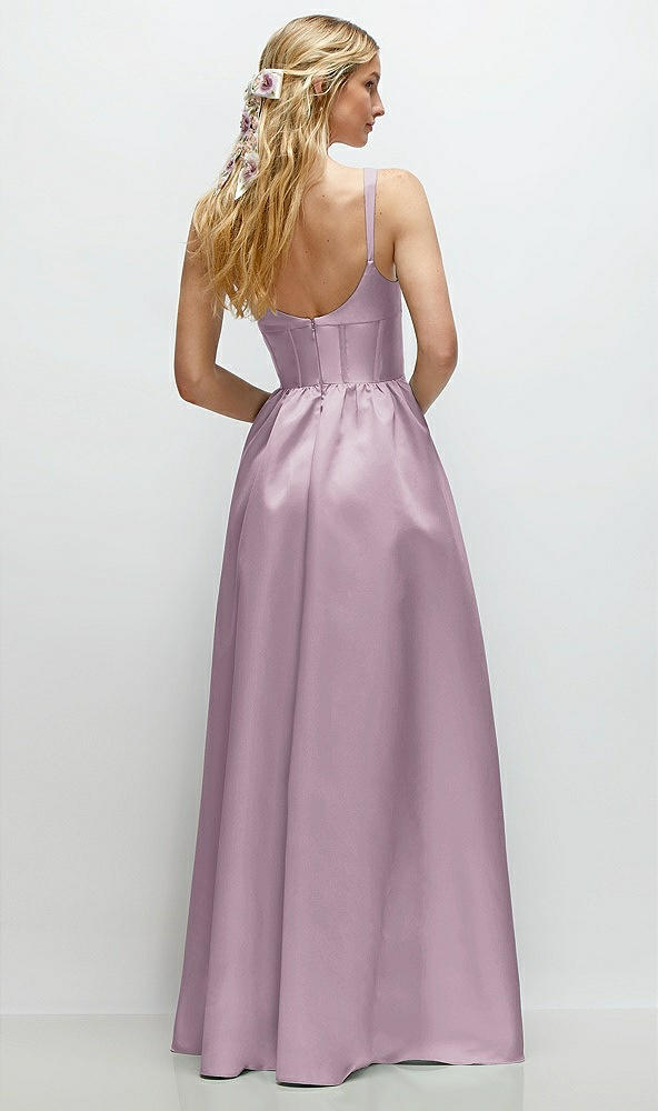 Back View - Suede Rose Scoop Neck Inset Corset Satin Maxi Dress with Pockets