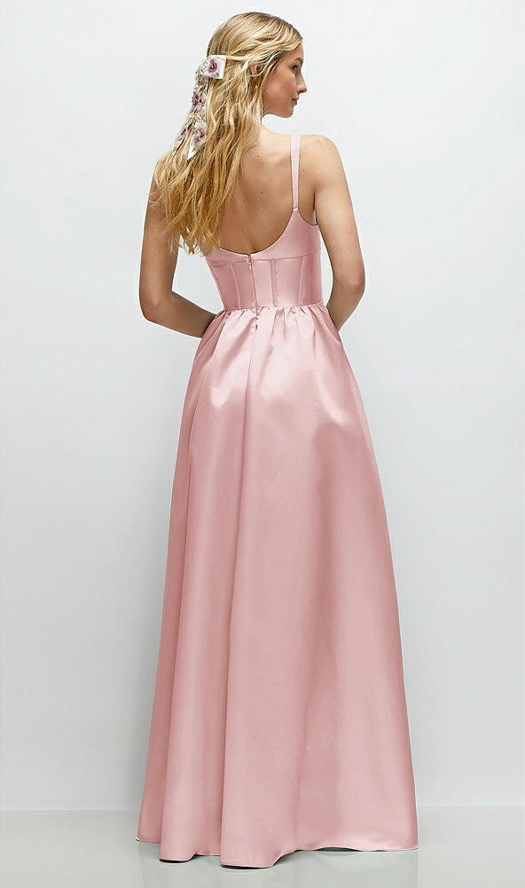 Back View - Ballet Pink Scoop Neck Inset Corset Satin Maxi Dress with Pockets