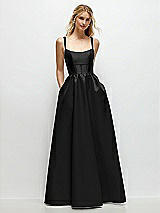 Front View Thumbnail - Black Scoop Neck Inset Corset Satin Maxi Dress with Pockets