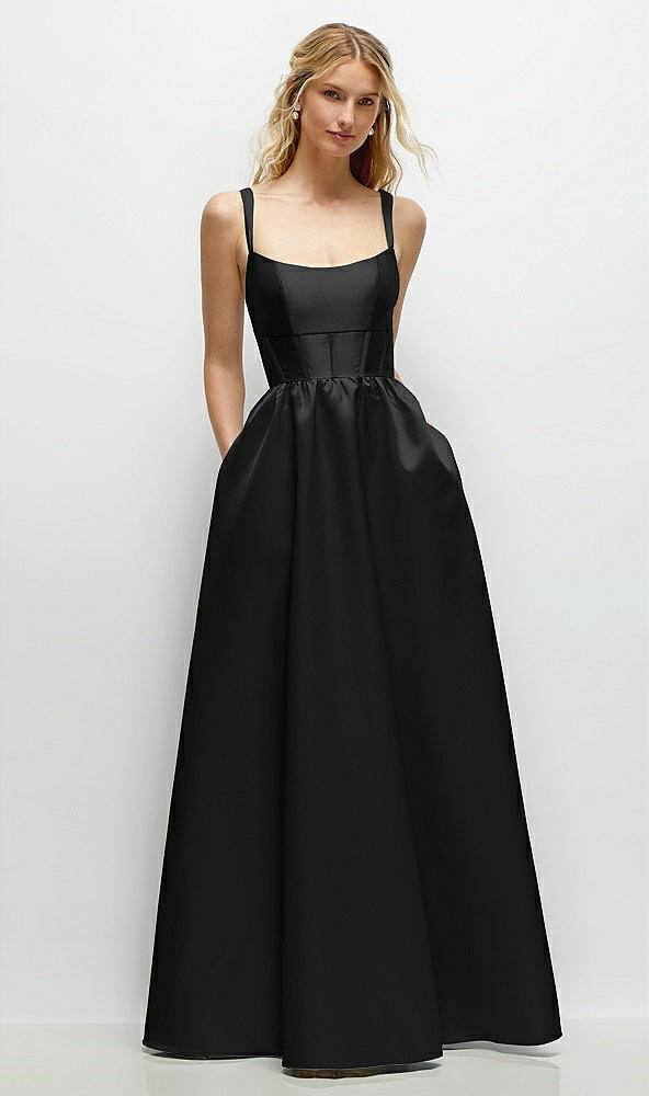 Front View - Black Scoop Neck Inset Corset Satin Maxi Dress with Pockets