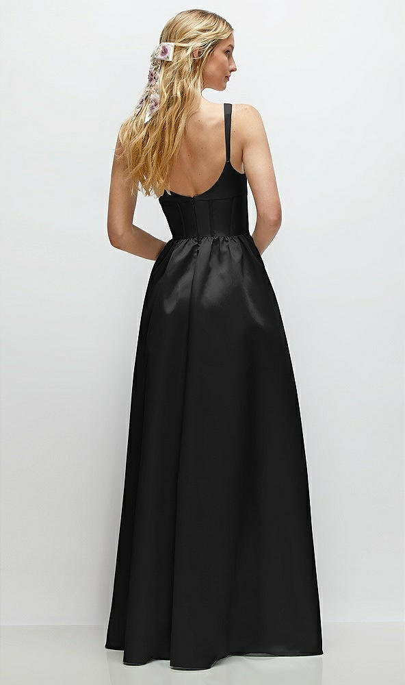 Back View - Black Scoop Neck Inset Corset Satin Maxi Dress with Pockets