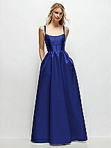 Front View Thumbnail - Cobalt Blue Scoop Neck Inset Corset Satin Maxi Dress with Pockets