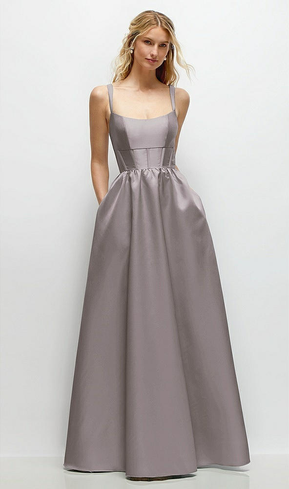 Front View - Cashmere Gray Scoop Neck Inset Corset Satin Maxi Dress with Pockets