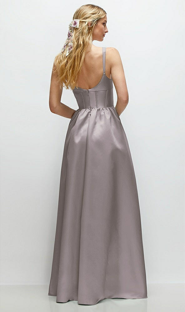 Back View - Cashmere Gray Scoop Neck Inset Corset Satin Maxi Dress with Pockets