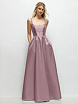 Front View Thumbnail - Dusty Rose Scoop Neck Inset Corset Satin Maxi Dress with Pockets