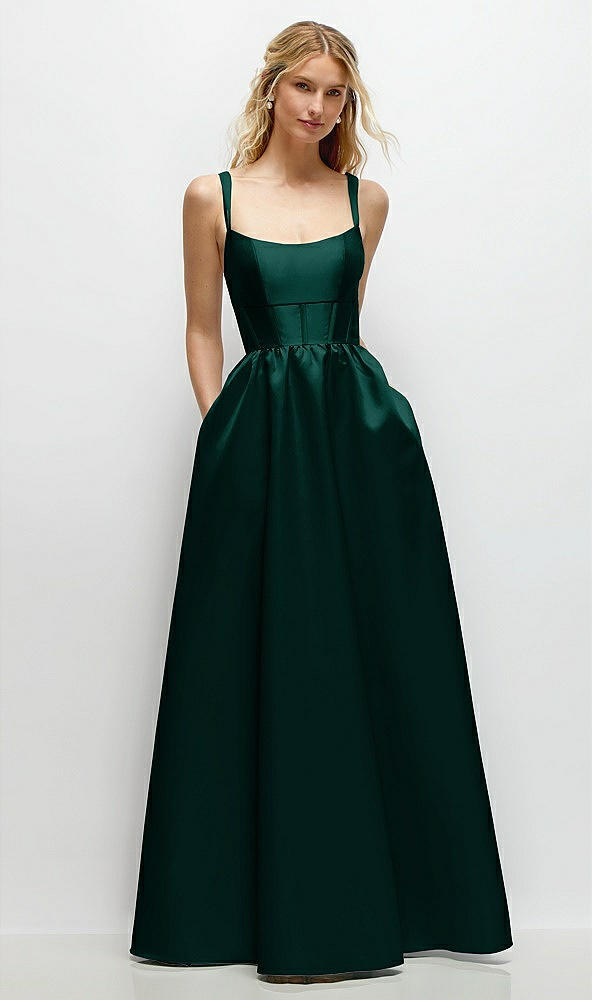 Front View - Evergreen Scoop Neck Inset Corset Satin Maxi Dress with Pockets