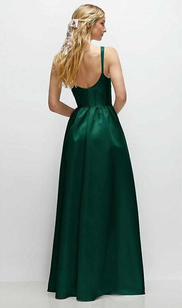 Back View - Hunter Green Scoop Neck Inset Corset Satin Maxi Dress with Pockets