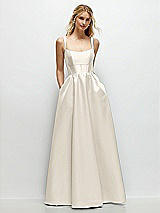 Front View Thumbnail - Ivory Scoop Neck Inset Corset Satin Maxi Dress with Pockets