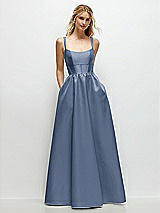 Front View Thumbnail - Larkspur Blue Scoop Neck Inset Corset Satin Maxi Dress with Pockets