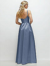 Rear View Thumbnail - Larkspur Blue Scoop Neck Inset Corset Satin Maxi Dress with Pockets