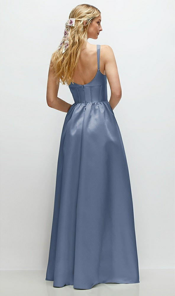 Back View - Larkspur Blue Scoop Neck Inset Corset Satin Maxi Dress with Pockets