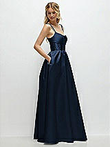 Side View Thumbnail - Midnight Navy Scoop Neck Inset Corset Satin Maxi Dress with Pockets