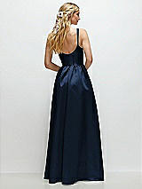 Rear View Thumbnail - Midnight Navy Scoop Neck Inset Corset Satin Maxi Dress with Pockets