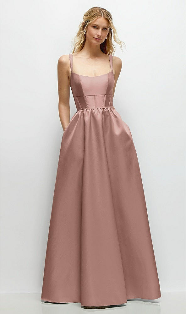 Front View - Neu Nude Scoop Neck Inset Corset Satin Maxi Dress with Pockets