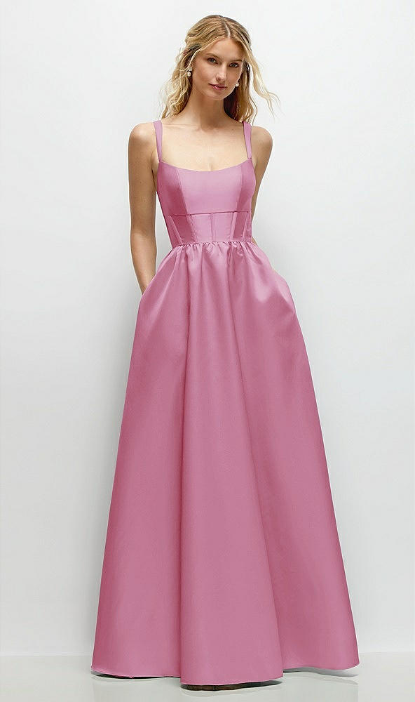 Front View - Powder Pink Scoop Neck Inset Corset Satin Maxi Dress with Pockets