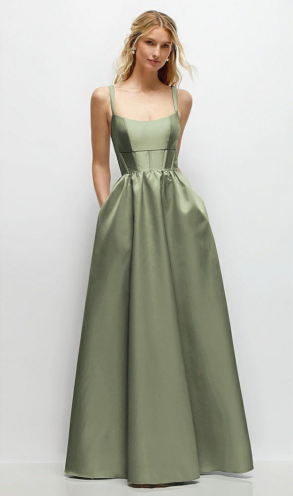 Front View - Sage Scoop Neck Inset Corset Satin Maxi Dress with Pockets