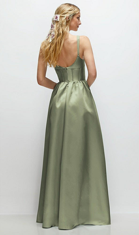 Back View - Sage Scoop Neck Inset Corset Satin Maxi Dress with Pockets