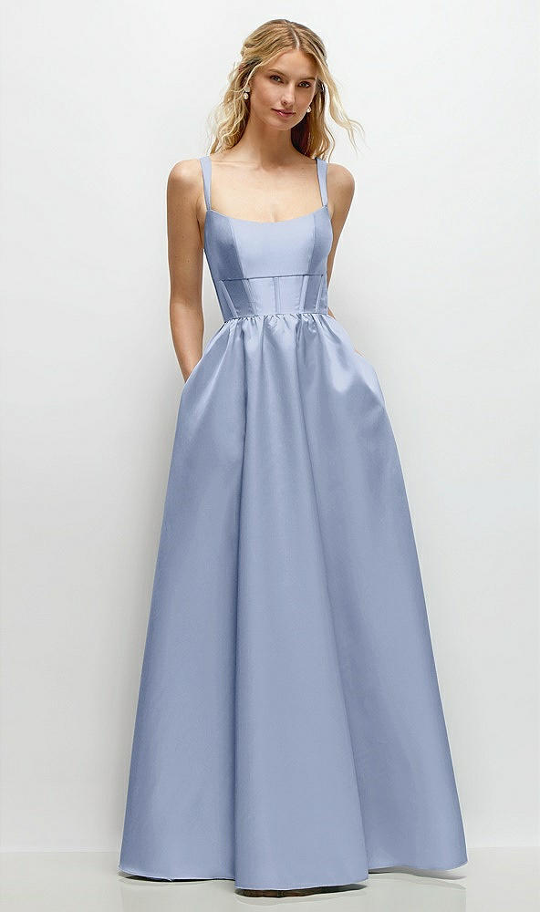 Front View - Sky Blue Scoop Neck Inset Corset Satin Maxi Dress with Pockets