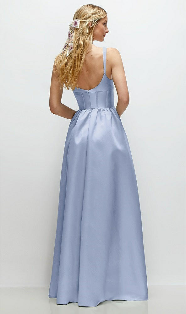 Back View - Sky Blue Scoop Neck Inset Corset Satin Maxi Dress with Pockets