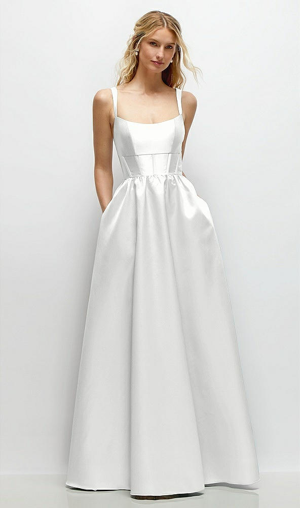 Front View - White Scoop Neck Inset Corset Satin Maxi Dress with Pockets