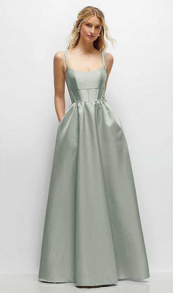 Front View - Willow Green Scoop Neck Inset Corset Satin Maxi Dress with Pockets