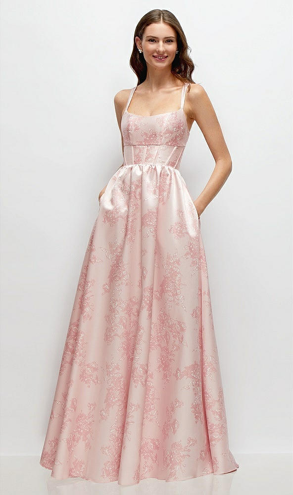 Front View - Bow And Blossom Print Scoop Neck Inset Corset Floral Satin Maxi Dress with Pockets