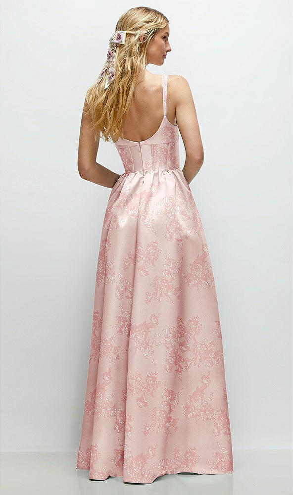 Back View - Bow And Blossom Print Scoop Neck Inset Corset Floral Satin Maxi Dress with Pockets