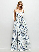 Front View Thumbnail - Cottage Rose Larkspur Scoop Neck Inset Corset Floral Satin Maxi Dress with Pockets