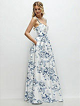 Side View Thumbnail - Cottage Rose Larkspur Scoop Neck Inset Corset Floral Satin Maxi Dress with Pockets