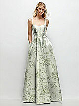 Front View Thumbnail - Cottage Rose Sage Scoop Neck Inset Corset Floral Satin Maxi Dress with Pockets