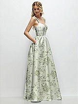 Side View Thumbnail - Cottage Rose Sage Scoop Neck Inset Corset Floral Satin Maxi Dress with Pockets