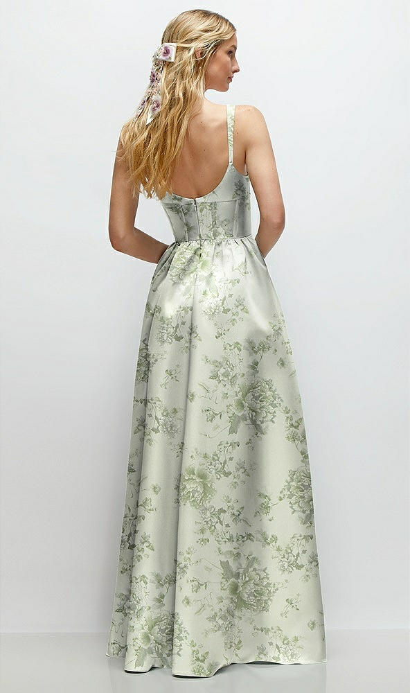 Back View - Cottage Rose Sage Scoop Neck Inset Corset Floral Satin Maxi Dress with Pockets