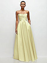 Side View Thumbnail - Butter Yellow Strapless Draped Cat-Eye Satin Maxi Dress with Full Skirt