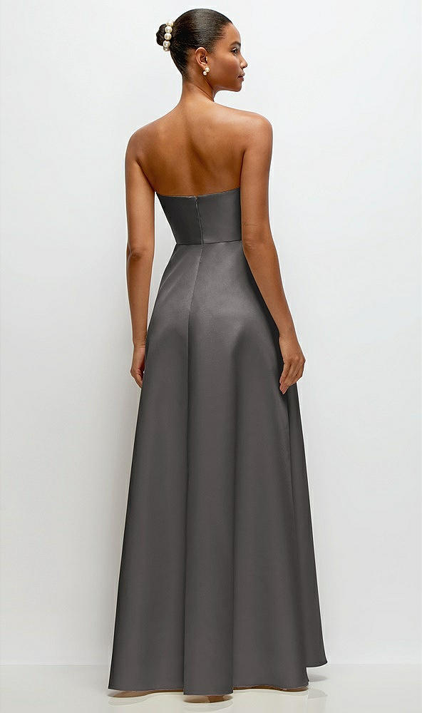 Back View - Caviar Gray Strapless Draped Cat-Eye Satin Maxi Dress with Full Skirt