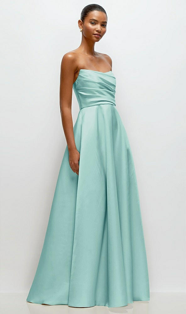 Front View - Coastal Strapless Draped Cat-Eye Satin Maxi Dress with Full Skirt