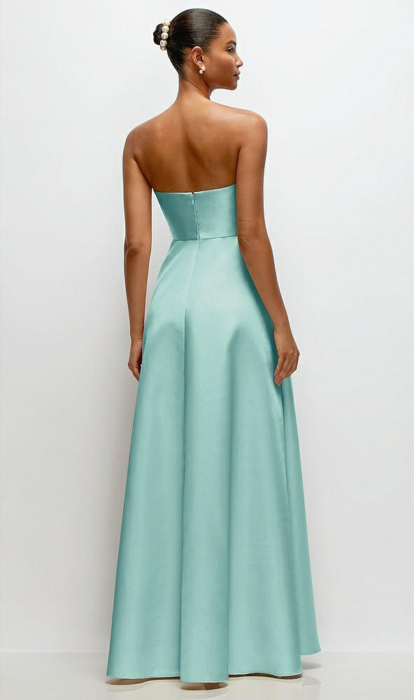 Back View - Coastal Strapless Draped Cat-Eye Satin Maxi Dress with Full Skirt