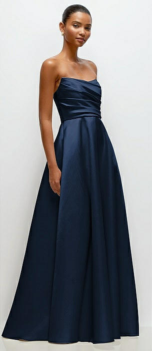 Strapless Draped Cat-Eye Satin Maxi Dress with Full Skirt