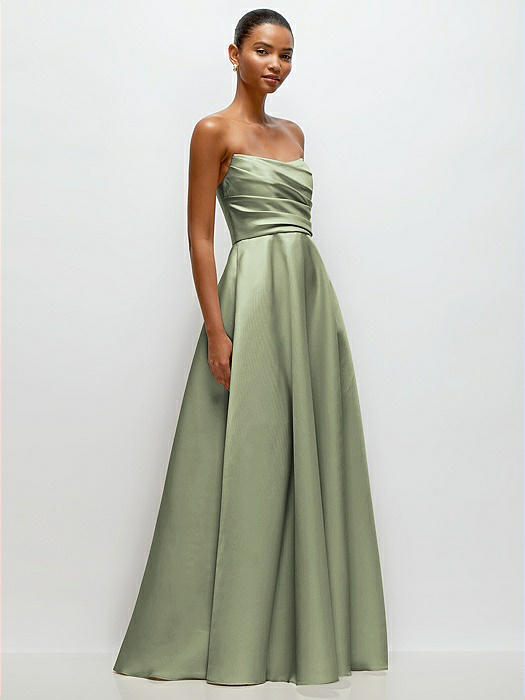 Strapless Draped Cat-Eye Satin Maxi Dress with Full Skirt