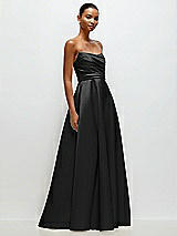 Front View Thumbnail - Black Strapless Draped Cat-Eye Satin Maxi Dress with Full Skirt