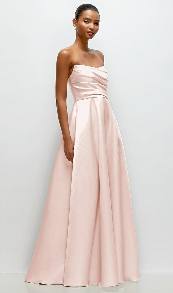 Front View - Blush Strapless Draped Cat-Eye Satin Maxi Dress with Full Skirt