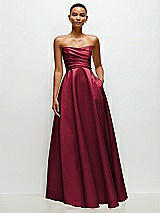 Side View Thumbnail - Burgundy Strapless Draped Cat-Eye Satin Maxi Dress with Full Skirt