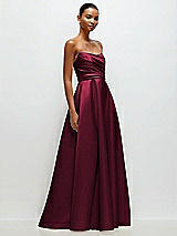 Front View Thumbnail - Cabernet Strapless Draped Cat-Eye Satin Maxi Dress with Full Skirt