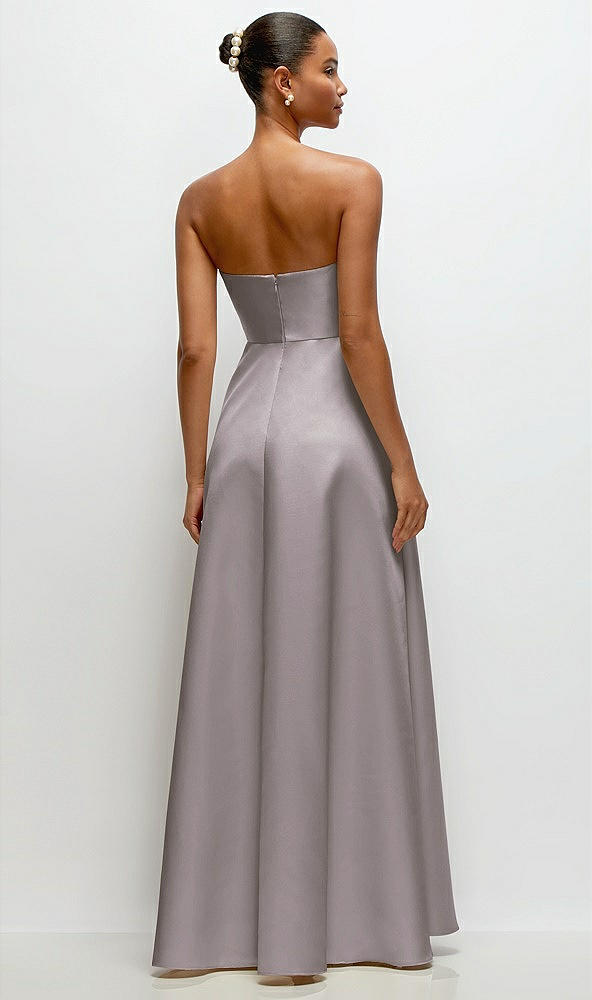 Back View - Cashmere Gray Strapless Draped Cat-Eye Satin Maxi Dress with Full Skirt