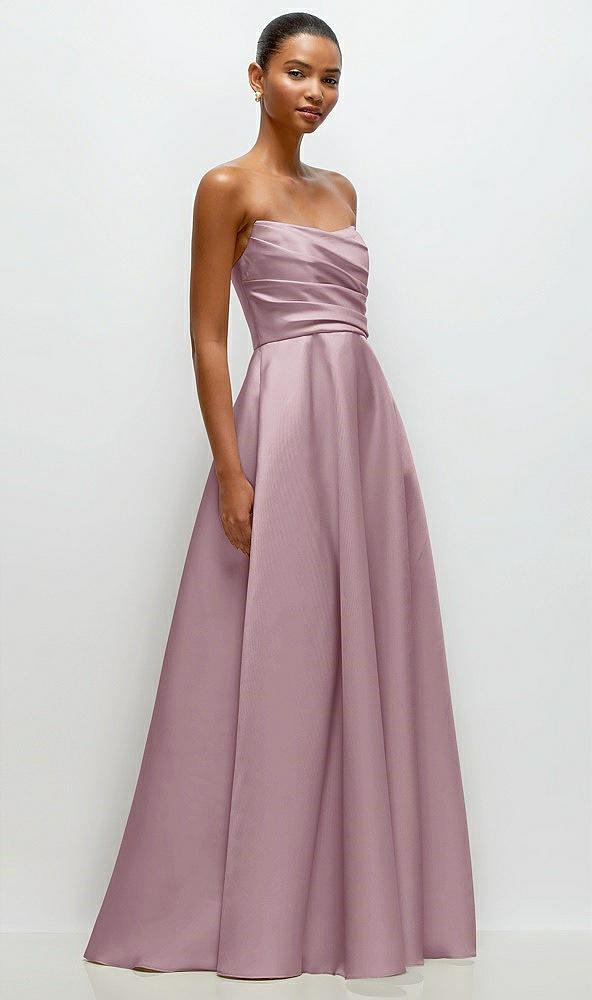 Front View - Dusty Rose Strapless Draped Cat-Eye Satin Maxi Dress with Full Skirt