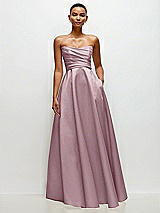 Side View Thumbnail - Dusty Rose Strapless Draped Cat-Eye Satin Maxi Dress with Full Skirt