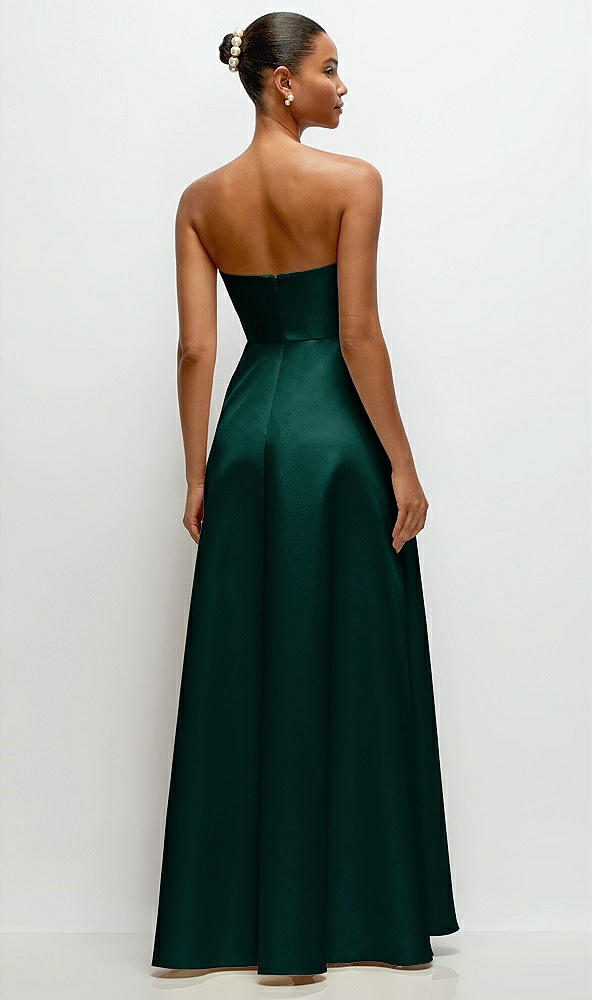 Back View - Evergreen Strapless Draped Cat-Eye Satin Maxi Dress with Full Skirt