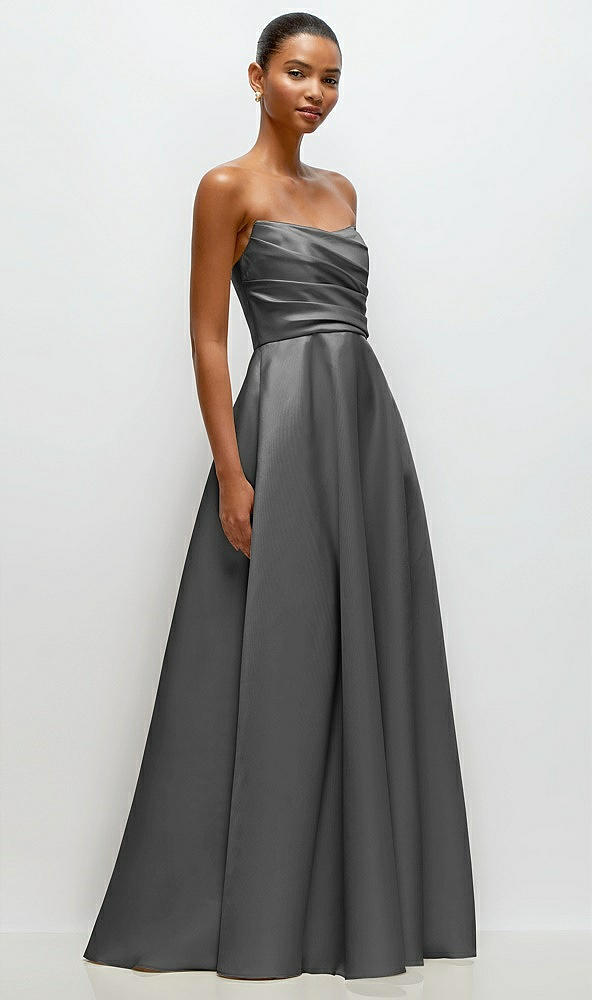 Front View - Gunmetal Strapless Draped Cat-Eye Satin Maxi Dress with Full Skirt