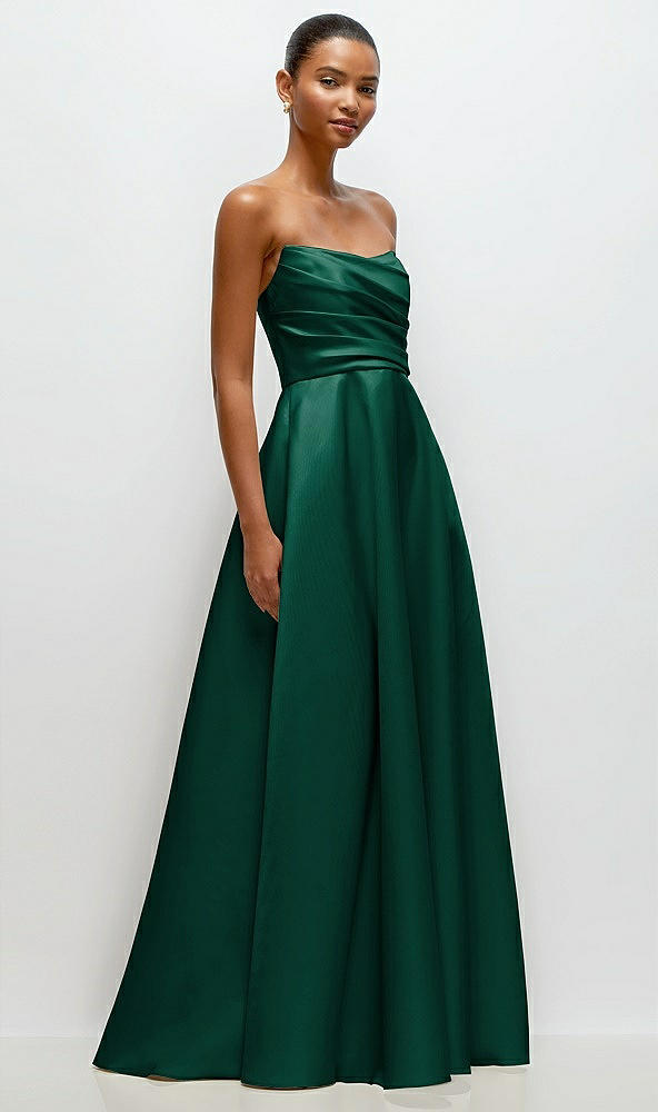 Front View - Hunter Green Strapless Draped Cat-Eye Satin Maxi Dress with Full Skirt