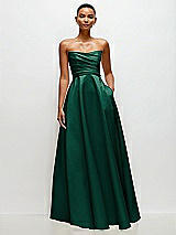 Side View Thumbnail - Hunter Green Strapless Draped Cat-Eye Satin Maxi Dress with Full Skirt